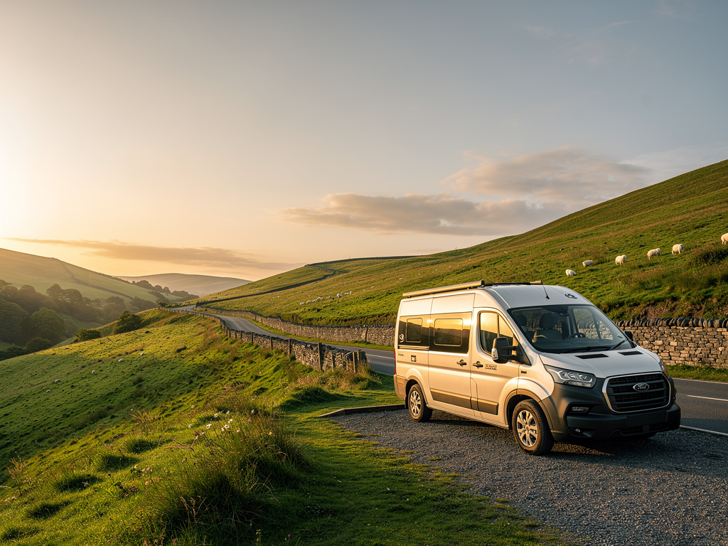 A white campervan parked on a quiet road in green Welsh hills at sunset